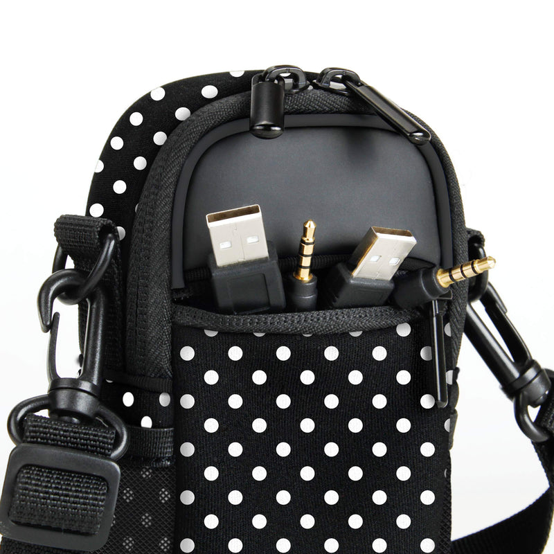 USA GEAR Compact Camera Case (Polka Dot) Point and Shoot Camera Bag with Accessory Pockets, Rain Cover and Shoulder Strap-Compatible with Sony CyberShot, Canon PowerShot ELPH, Nikon COOLPIX and More Polka Dot