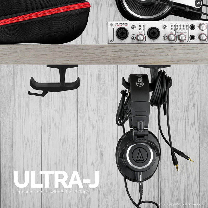 Brainwavz UltraJ Under Desk Headphone Stand Mount Holder Hanger with Cable MGMT, for Gaming, Music, Mobile Headsets, Large Curved Bed, Suitable for Large Headphones, No Screws, No Mess, Black