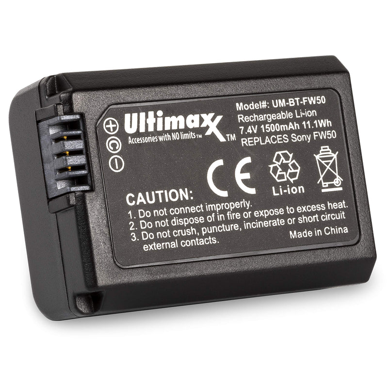 Ultimaxx Rapid Travel Charger & 2X FW50 Battery (1500mAh) for Sony A6000 A6500 A6400 A6300 A7 A7II A7SII A7S A7S2 A7R A7R2 A7RII A55 A510 RX10 RX10II