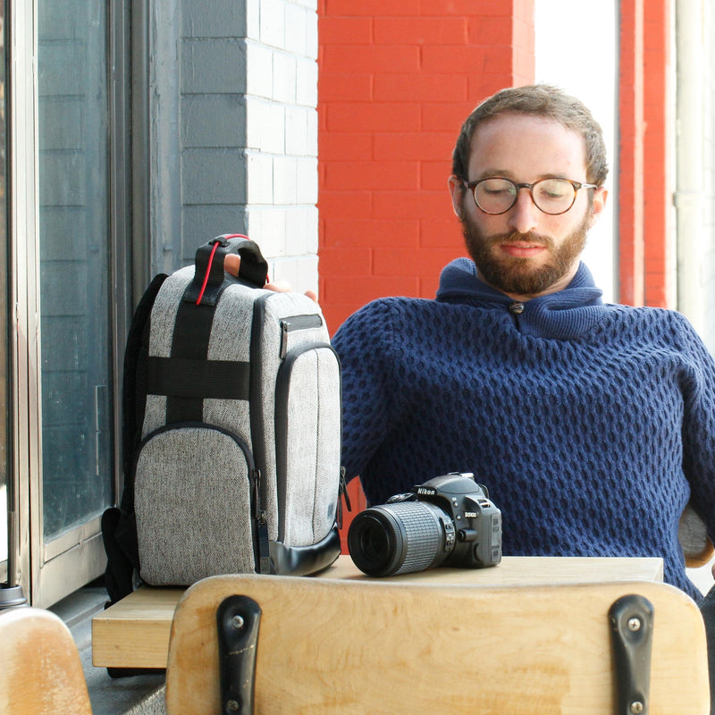 USA GEAR Portable Camera Backpack for DSLR (Gray) with Customizable Accessory Dividers, Weather Resistant Bottom and Comfortable Back Support - Compatible with Canon, Nikon and More Grey and Black