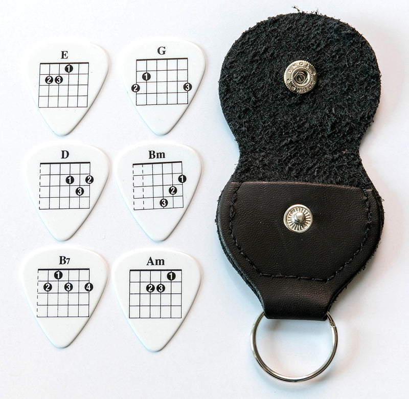 6 Chords Tab Guitar Picks Double Sided With Leather Plectrum Holder Keyring