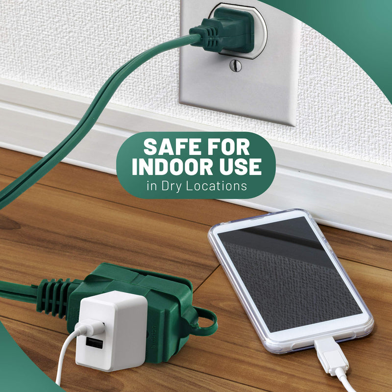 12 Feet Green Extension Cord, 3 Outlet, 2 Prong, 16 Gauge Cable, 3 Receptacle Cube Tap, Indoor use, (2 Pack) - by Revpex 12 FEET 2 PACK