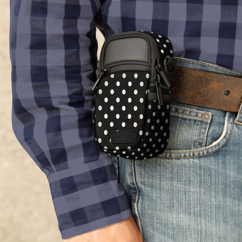 USA GEAR Compact Camera Case (Polka Dot) Point and Shoot Camera Bag with Accessory Pockets, Rain Cover and Shoulder Strap-Compatible with Sony CyberShot, Canon PowerShot ELPH, Nikon COOLPIX and More Polka Dot