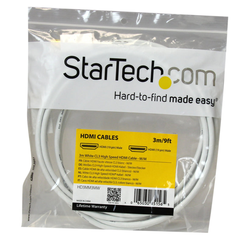 StarTech.com 3m 10 ft White CL3 In-wall High Speed HDMI Cable - Ultra HD 4k x 2k HDMI Cable - HDMI to HDMI M/M - Audio/Video, Gold-Plated (HD3MM3MW) 3m / 9.8ft CL3 Rated