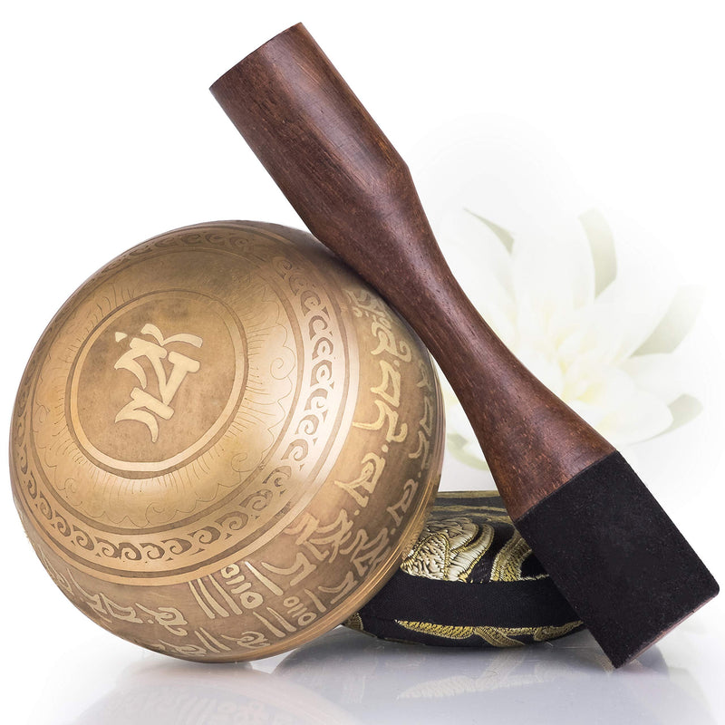 Tibetan Singing Bowl Set — Easy to Play with Cushion & New Dual-End striker for Holistic Healing, Calming & Mindfulness ~ Bronze Mantra Design