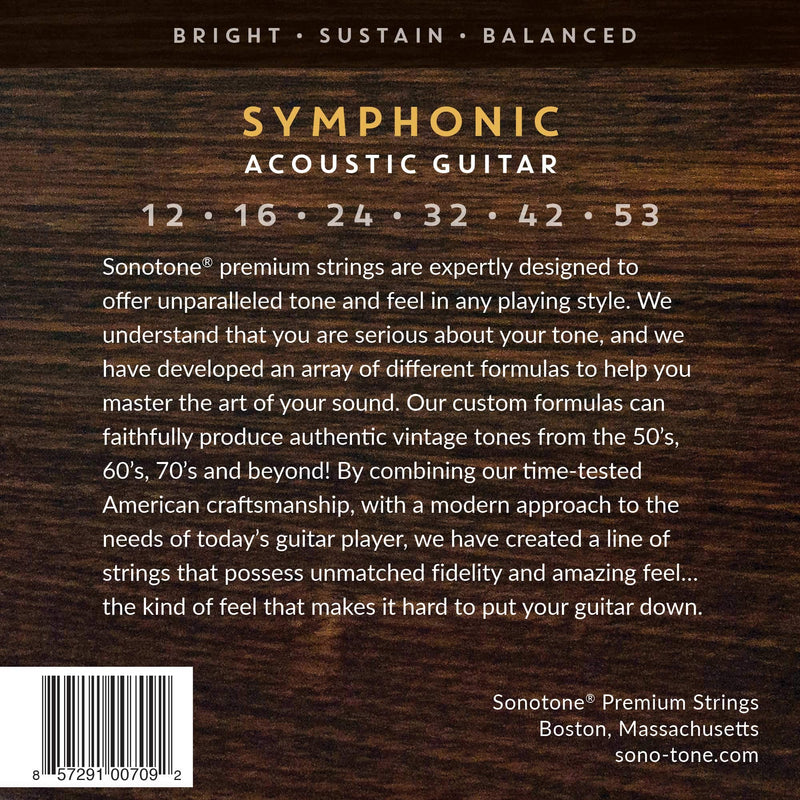 SonoTone Symphonic, 12-53, Light, Acoustic Guitar Strings, Ultra Phosphor Bronze Wrap, Hand-Wound, Precision Hex Core, Bright, Balanced, Sustain, American Made