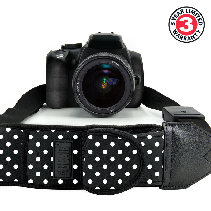 USA GEAR Camera Sling Shoulder Strap with Adjustable Neoprene, Safety Tether, Accessory Pocket, Quick Release Buckle - Compatible w/ Canon, Nikon, Sony and More DSLR and Mirrorless Cameras (Polka Dot) Polka Dot