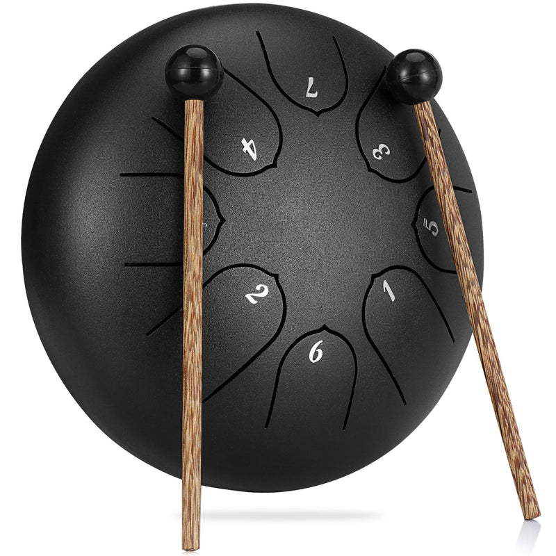 LENSUN Tongue Drum 6 Inches 8 Notes Chakra Tank Drum Hand Pan Drum Percussion Instrument with Drum Mallets and Travel Bag (Black) Black