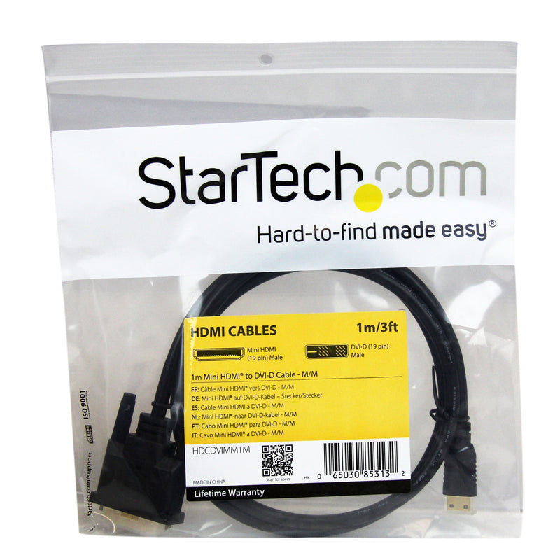 StarTech.com 1m Mini HDMI to DVI-D Cable - M/M - 1 Meter Mini HDMI to DVI Cable - 19 pin HDMI (C) Male to DVI-D Male - 1920x1200 Video (HDCDVIMM1M) Black 3 ft / 1m
