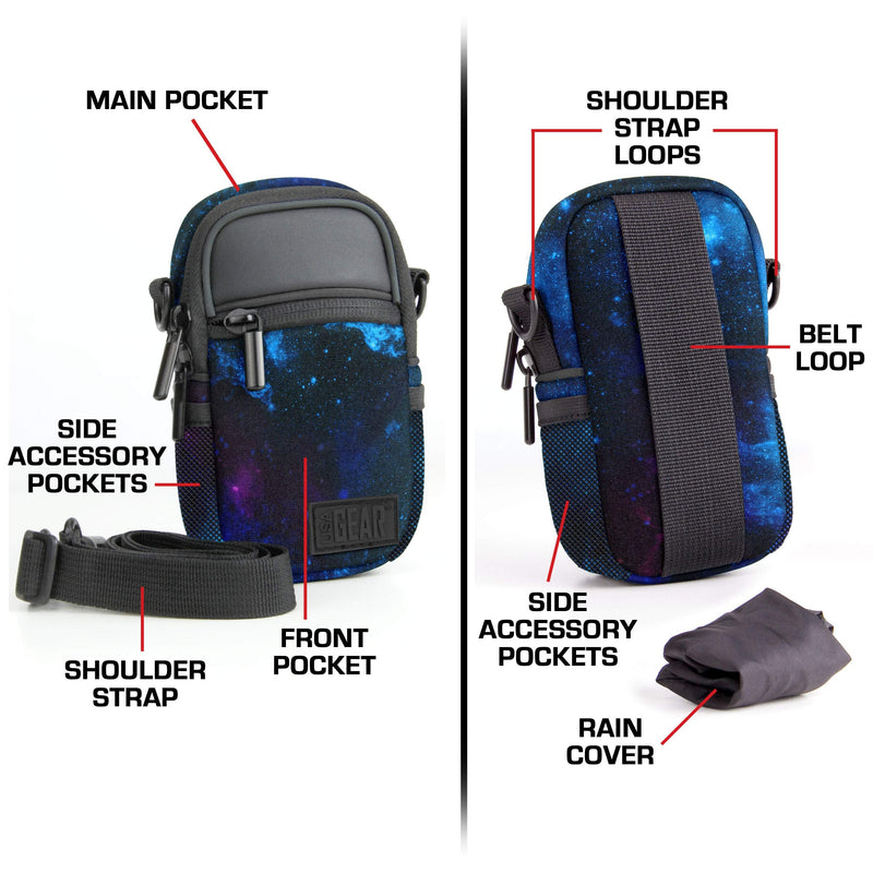 USA GEAR Compact Camera Case Point and Shoot Camera Bag with Accessory Pockets, Rain Cover and Shoulder Strap - Compatible with Sony CyberShot, Canon PowerShot ELPH, Nikon COOLPIX and More (Galaxy) Galaxy and Black