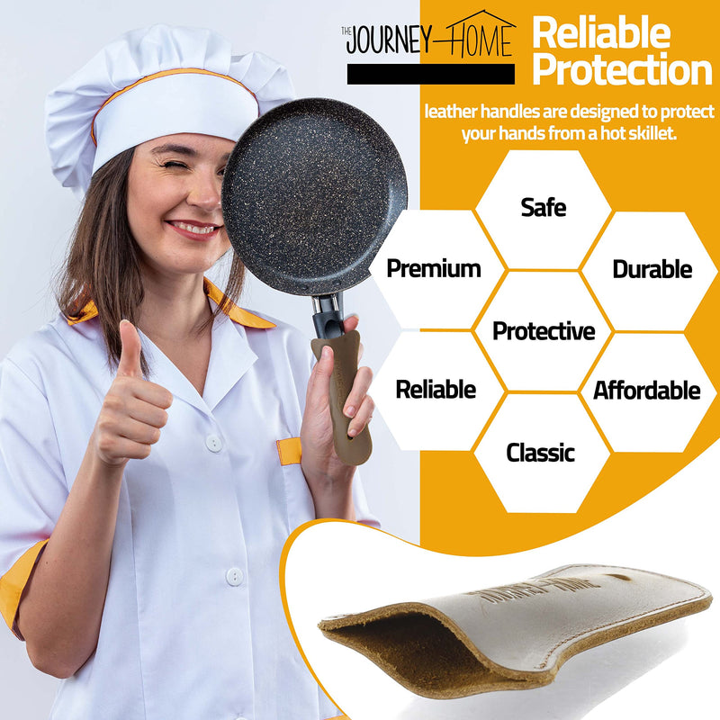 The Journey Home Cast Iron Skillet Handle Covers - Cast Iron Handle Cover w/ Metal Scrubber - Heat Resistant Leather Pan Handle w/ Hole - Cast Iron Accessories - Gift sets for men - Chainmail Scrubber