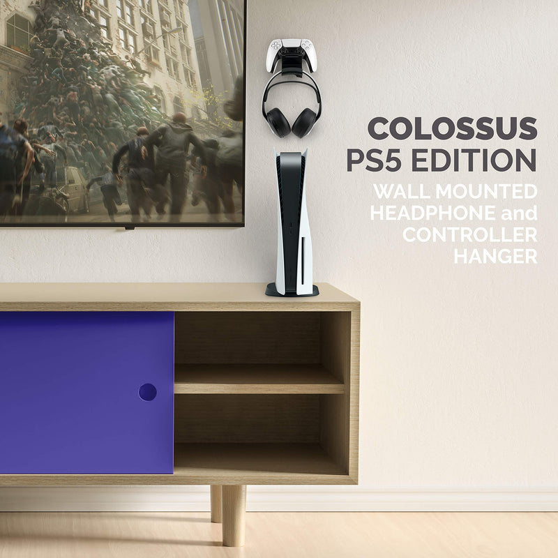 The Colossus [PS5 Edition] DualSense Gamepad Controller & Headphone Hanger Holder Mount for Playstation PS5 Game Controller and Pulse 3D Headset, No Screws, Strong VHB Adhesive by Brainwavz (Black)