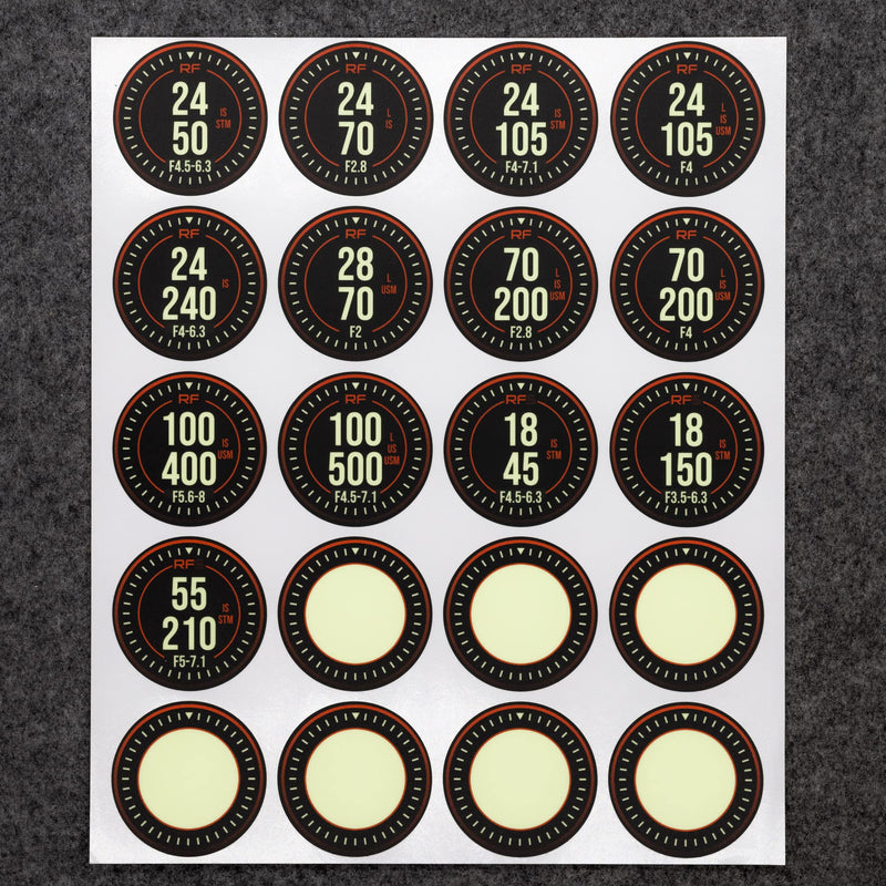 CameraCals: Camera Rear Lens Cap Sticker with Focal Length Indicator for Canon RF & RF-S Lenses - Matte, Glows in The Dark, 1.81" x 1.81" Vinyl Adhesive Stickers, 2023