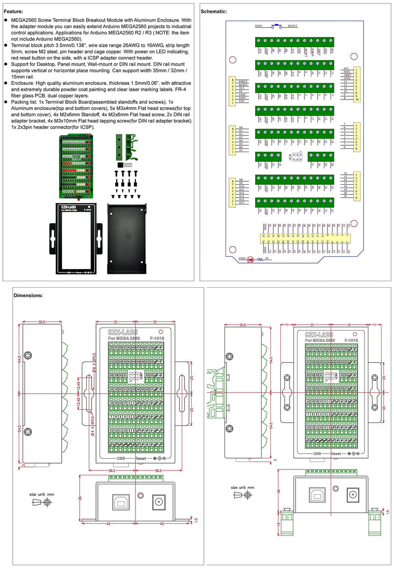 MEGA2560 Screw Terminal Block Breakout Module with Aluminum Enclosure, for Arduino MEGA 2560 R3