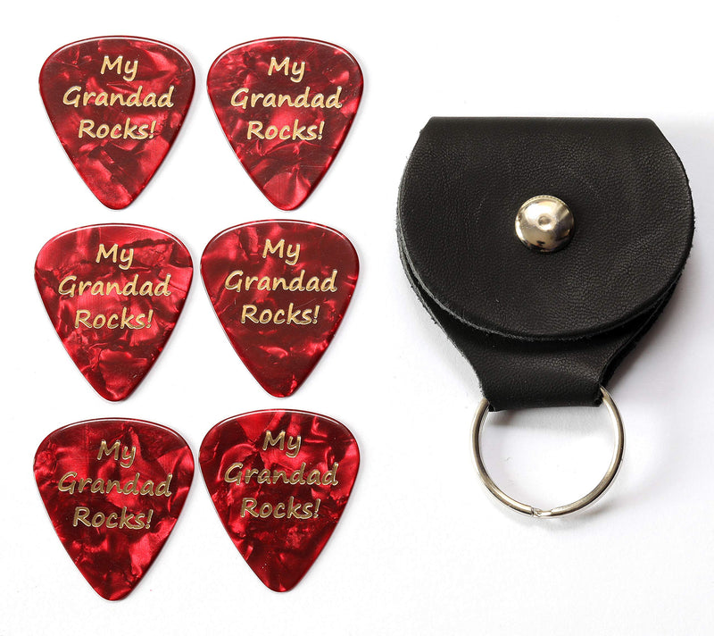 My Grandad Rocks Red Guitar Picks With Leather Plectrum Holder Keyring