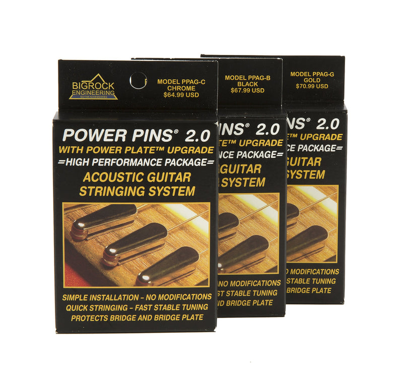 Power Pins 2.0 - Black Chrome Set with Power Plate Upgrade- Patented Bridge Pin System for Acoustic Guitars- Improved Tone, Amplified Sound, Easier Restringing, and Faster Tuning Black 2.0