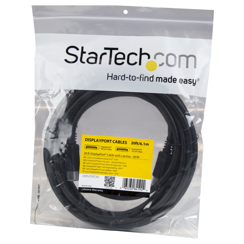 StarTech.com 20 ft DisplayPort Cable with Latches - 2560 × 1600 - DPCP & HDCP - Male to Male DP Video Monitor Cable (DISPLPORT20L) 20 ft/6.1 m