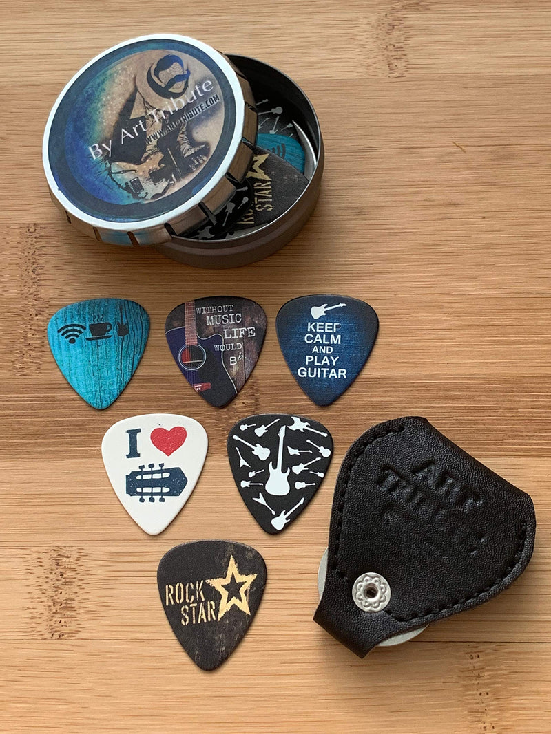 Cool Guitar Picks 12 Pack W/Tin Box & Picks Holder. Celluloid Medium Cool Picks an Awesome Gift for Men & Women Guitarists For Acoustic Electric and Bass Guitars Cool Set