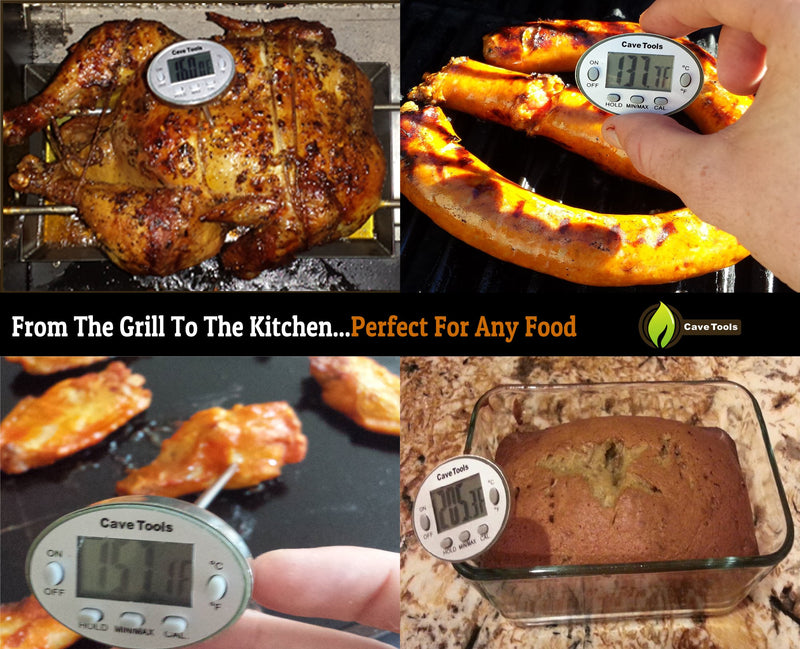 Instant Read Digital Thermometer for Cooking BBQ Grilling Candy Chocolate Meat Baking Liquids Smoker - Stainless Steel Casing Long Food Probe & LCD Display by Cave Tools