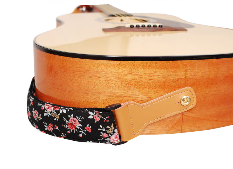 MUSIC FIRST Original Design, 2 inch width (5cm), “Rosa Multiflora in Black” Padded Soft Cotton & Genuine Leather Guitar Strap, Ukulele Strap, Mandolin Strap