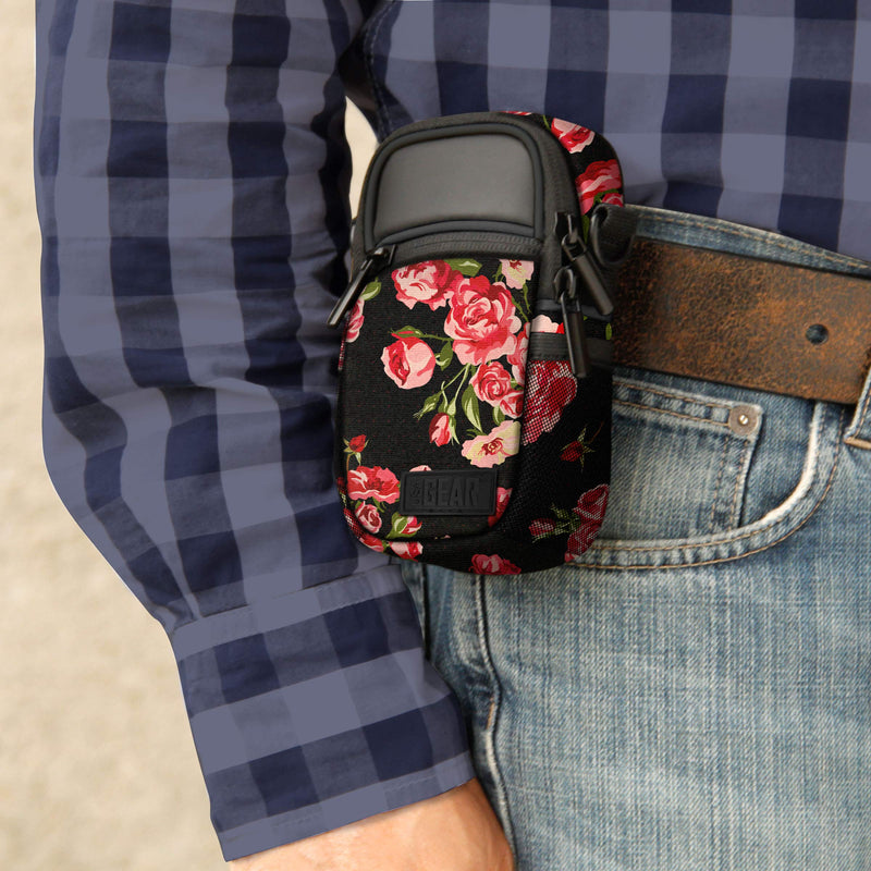 USA GEAR Compact Camera Case Point and Shoot Camera Bag with Accessory Pockets, Rain Cover and Shoulder Strap - Compatible with Sony CyberShot, Canon PowerShot ELPH, Nikon COOLPIX and More (Floral) Floral and Black