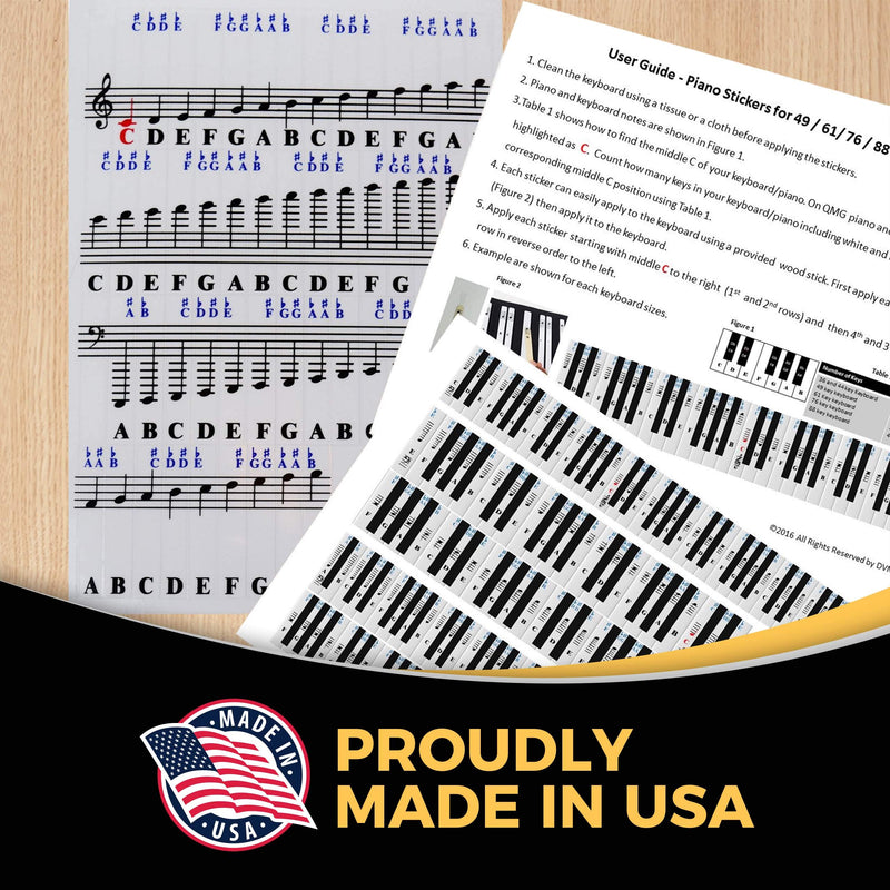 QMG Piano Stickers for 49/61/ 76/88 Key Keyboards – Transparent and Removable; Made in USA Sticker