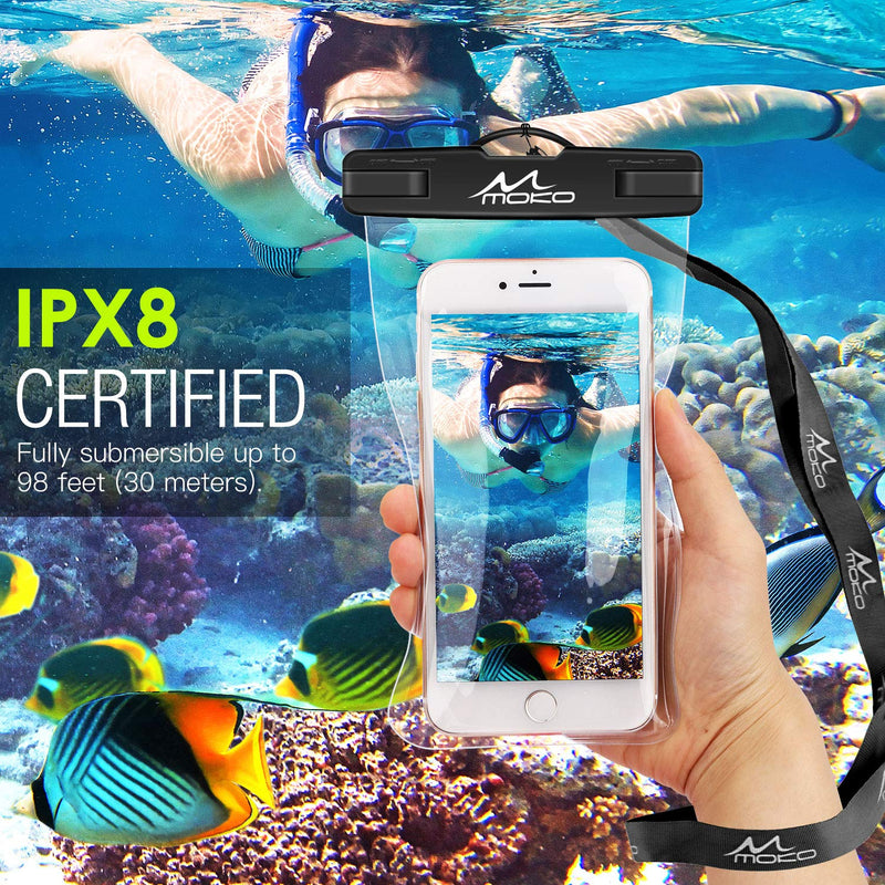 MoKo Waterproof Phone Pouch [2 Pack], Underwater Phone Case Dry Bag with Lanyard Compatible with iPhone 13/13 Pro Max/iPhone 12/12 Pro Max/11 Pro Max, X/Xr/Xs Max, 8/7, Samsung S21/S10/S9, Note 10/9/8 Black+Balck