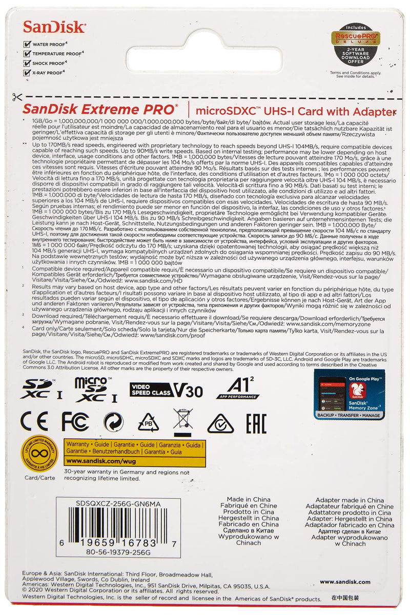 SanDisk Extreme Pro Micro SDXC UHS-I U3 A2 V30 Memory Card (256GB) 256GB