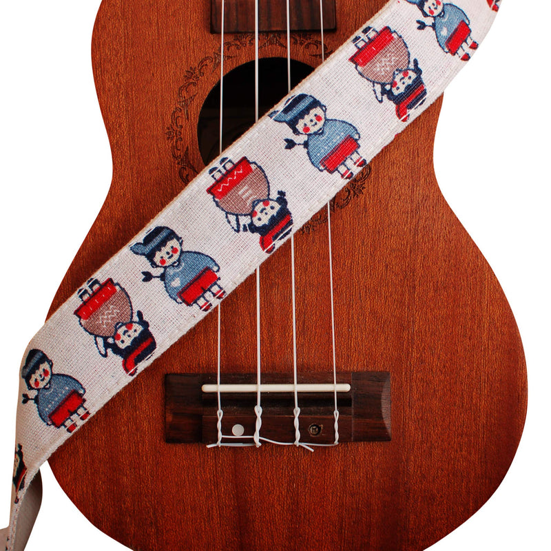 MUSIC FIRST Original Design “CARTOON KIDS” Soft Cotton & Linen & Genuine Leather Ukulele Strap Ukulele Shoulder Strap With a MUSIC FIRST Genuine Leather Strap Locker