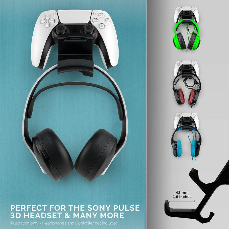 The Colossus [PS5 Edition] DualSense Gamepad Controller & Headphone Hanger Holder Mount for Playstation PS5 Game Controller and Pulse 3D Headset, No Screws, Strong VHB Adhesive by Brainwavz (Black)