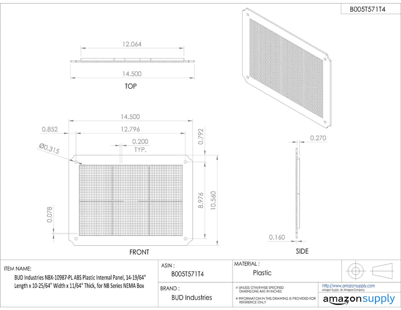 BUD Industries NBX-10987-PL PL Internal Panel – ABS Plastic Industrial Unit, Thick Console, NB Series Box Electric Accessory 14.3" L x 10.4" W x 0.17" H, Unpainted