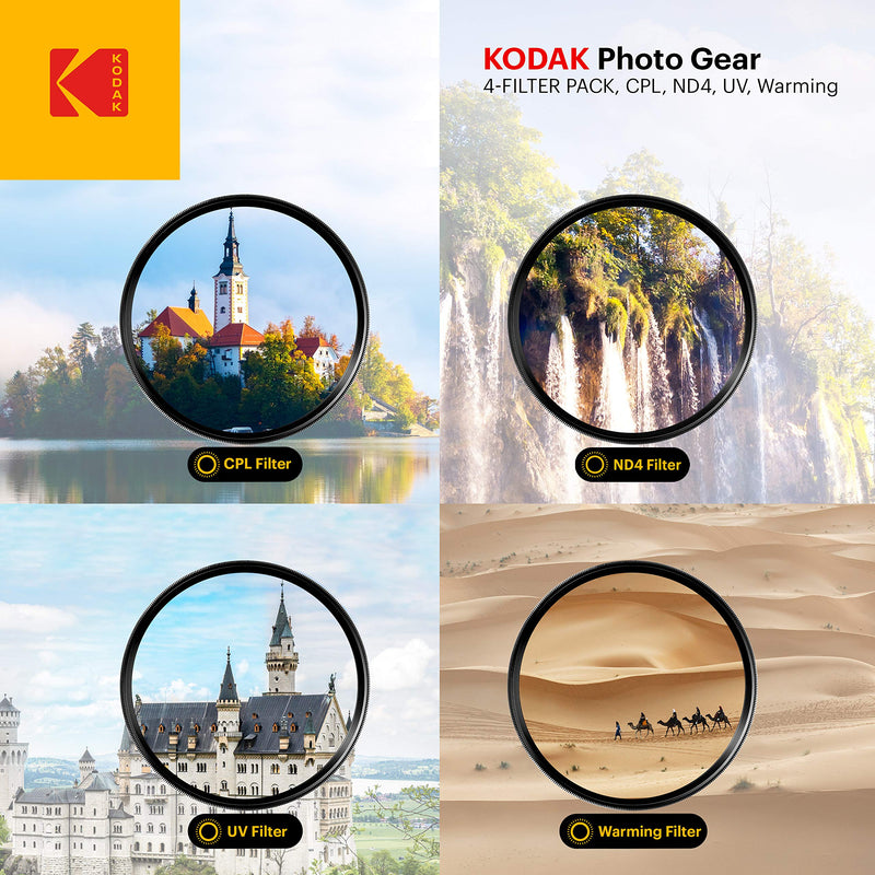 KODAK 55mm Filter Set UV, CPL, ND4 & Warming Filters - Absorb Atmospheric Haze Reduce Glare Prevent Overexposure Correct Color Add Warmth, & Creative Effects | Slim, Multi-Coated Glass & Mini Guide