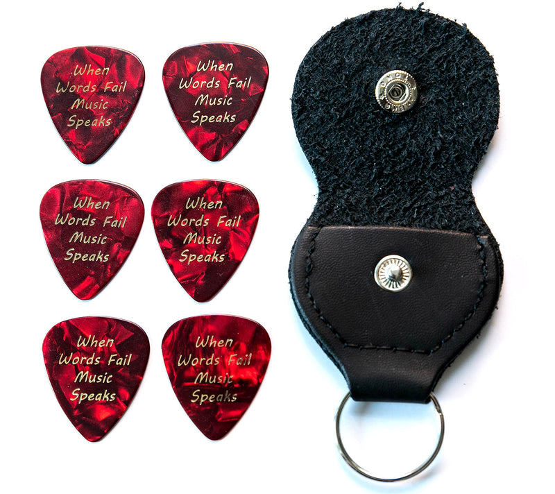 When Words Fail Music Speaks 6 Guitar Picks With Leather Plectrum Holder Keyring