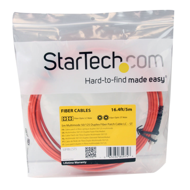 StarTech.com 5m Fiber Optic Cable - Multimode Duplex 50/125 - LSZH - LC/ST - OM2 - LC to ST Fiber Patch Cable (50FIBLCST5) 5m/15ft LC-ST
