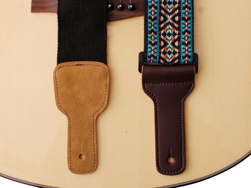 MUSIC FIRST Original Design, 2 inch width (5cm), Colorful Meshbelt & Genuine Leather Delux Banjo Strap, With 2 pieces of MUSIC FIRST Leather Strap Locker. (Blue Country Style) Blue Country Style