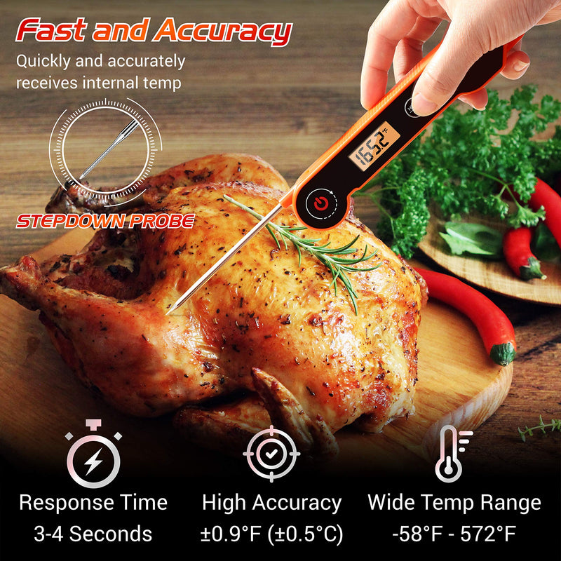 Kizen Digital Meat Thermometers for Cooking - Waterproof Instant Read Food Thermometer for Meat, Deep Frying, Baking, Outdoor Cooking, Grilling, & BBQ (Orange/Black)