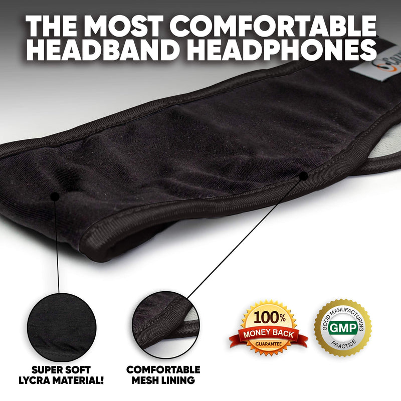 CozyPhones Over the Ear Headband Headphones - Sleep Headphones & Travel Bag, Headband Earphones with Lycra Cool Mesh Lining and Thin Speakers - Black