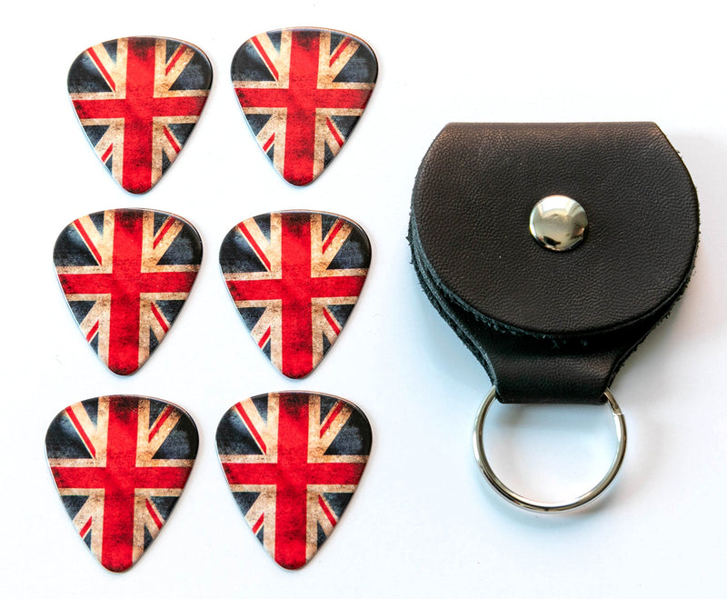 Worn Union Jack 6 Guitar Picks Double Sided With Leather Plectrum Holder Keyring