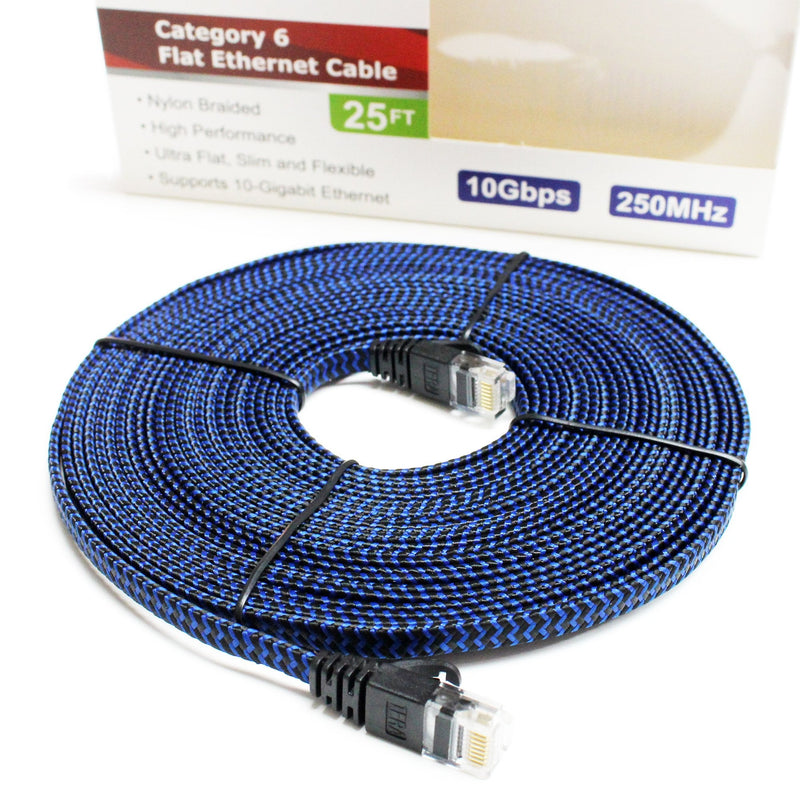 Tera Grand - 25 ft CAT6 10 Gigabit Ethernet Ultra Flat Braided Network Cable, Black/Blue, Computer Internet LAN Cable with Snagless RJ45 Connectors (25 Feet) 25 Feet