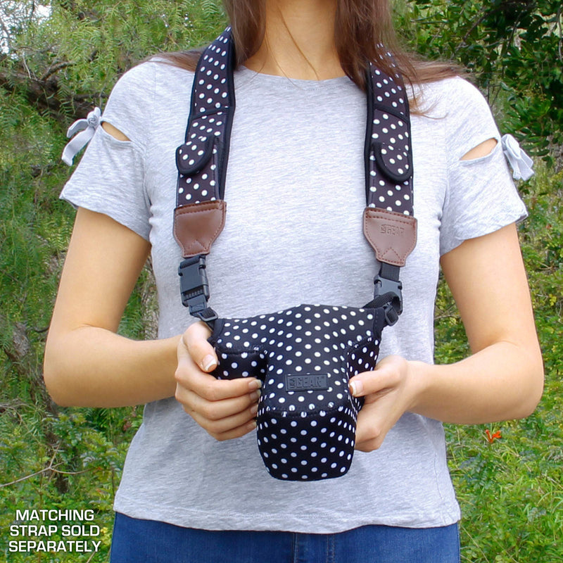 USA GEAR DSLR Camera Sleeve Case (Polka Dot) with Neoprene Protection , Holster Belt Loop and Accessory Storage - Compatible With Nikon D3400, Canon EOS Rebel SL2, Pentax K-70 and More Polka Dot