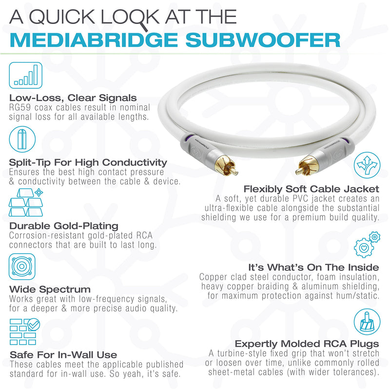 Mediabridge Ultra Series Subwoofer Cable (8 Feet) - Dual Shielded with Gold Plated RCA to RCA Connectors - White - (Part# CJ08-6WR-G1)