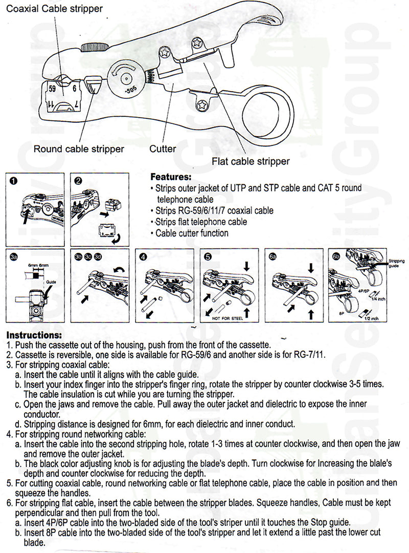 Urban Security Group Cable Stripper : Coaxial RG59, RG6, RG7, RG11 : Network Cat5e, Cat6, UTP, STP : Round & Flat Cable : Comfortable Grip : High Grade Steel + Plastic Construction : Premium Pro Grade