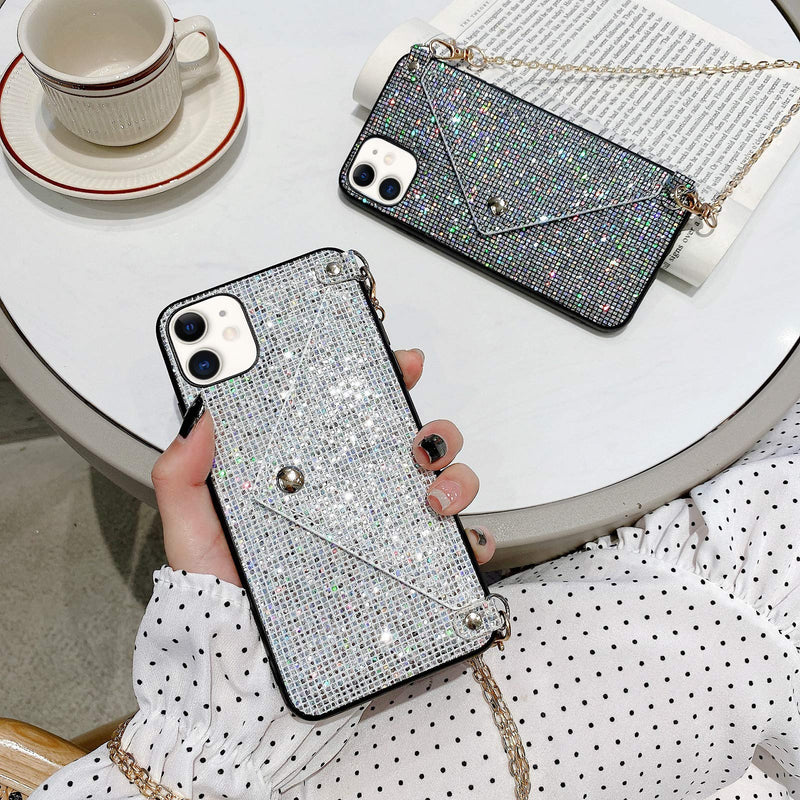 Omorro for iPhone 12 Pro Bling Case for Women, Glitter Diamond Sequins Case Small Credit Card Cash Holder Wallet Case with Shiny Crossbody Chain Hard PC Back Protective Girly Stand Case Black