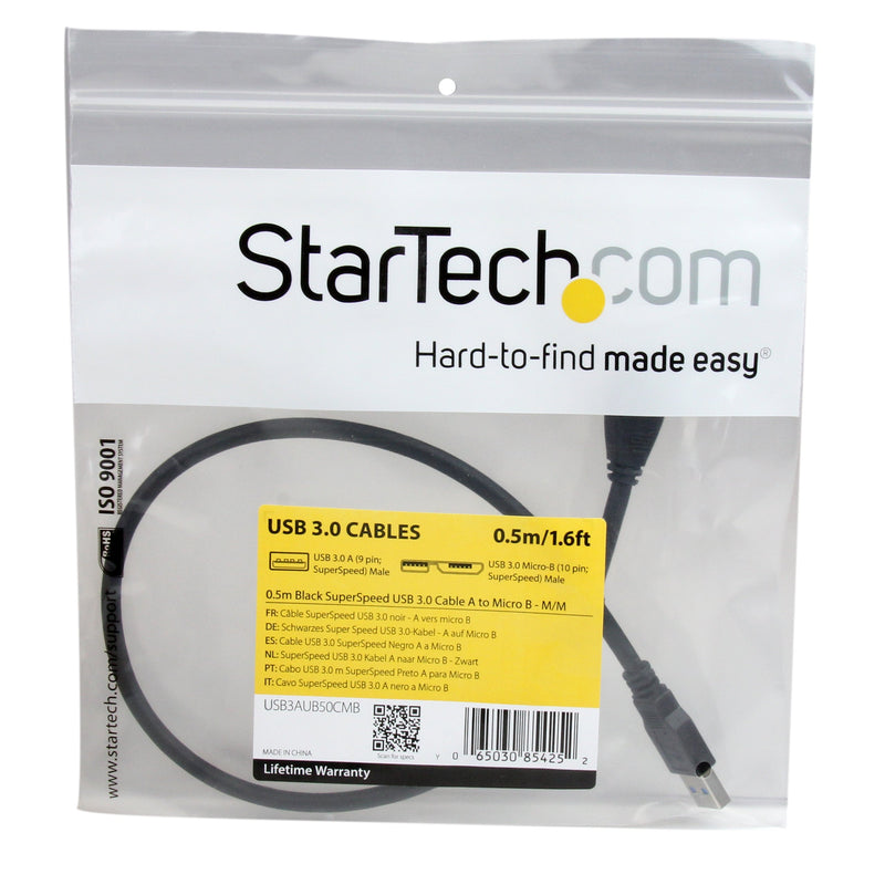 StarTech.com 0.5m (1.5ft) Black SuperSpeed USB 3.0 Cable A to Micro B - USB 3.0 Micro B Cable - 1x USB 3 A (M), 1x USB 3 Micro B (M) 50cm (USB3AUB50CMB)