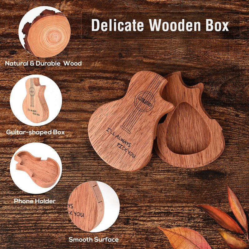 LEKATO Guitar Pick Holder Case Wooden Box with 12 Pcs Guitar Picks Includes Thin, Medium & Heavy Gauges A