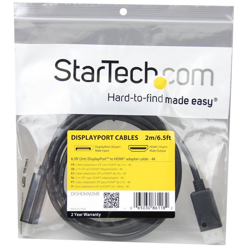 StarTech.com 6ft (2m) DisplayPort to HDMI Cable - 4K 30Hz - DisplayPort to HDMI Adapter Cable - DP 1.2 to HDMI Monitor Cable Converter - Latching DP Connector - Passive DP to HDMI Cord (DP2HDMM2MB) 6.5 feet Single