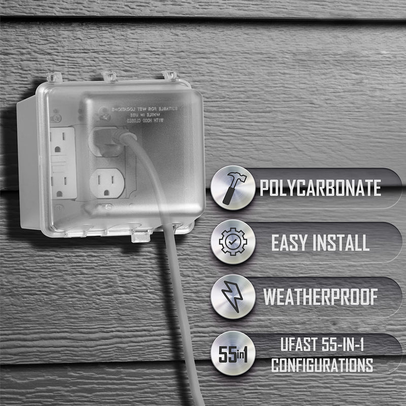 TayMac MM7440C 4.75-in. Deep Outdoor Box, UFAST 55-in-1, Rated NEMA 3R 2-Gang Weatherproof in-Use Electrical Outlet Cover for Home Improvement, Clear