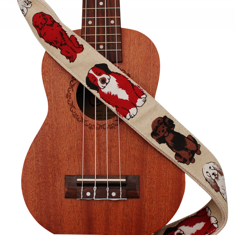 MUSIC FIRST Original Design “MR Dog” Soft Cotton & Genuine Leather Ukulele Strap Ukulele Shoulder Strap