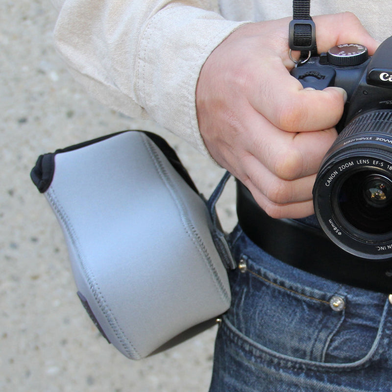 USA GEAR DSLR Camera Sleeve Case (Gray) with Neoprene Protection, Holster Belt Loop and Accessory Storage - Compatible with Nikon D3100, Canon EOS Rebel SL2, Pentax K-70 and Many More Gray
