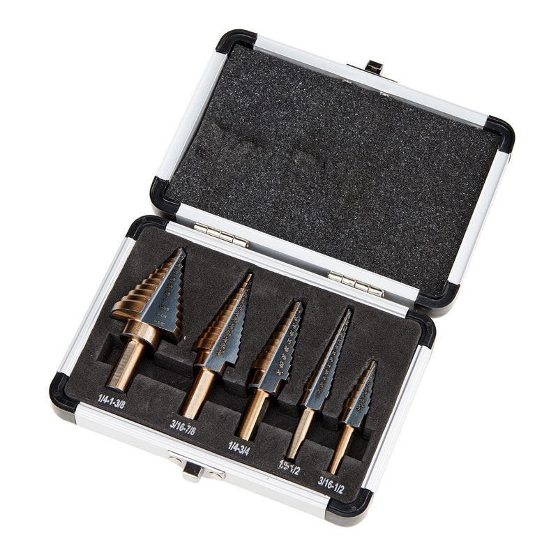 CO-Z Step Drill Bits, HSS 5PCS Titanium Step Drill Bit Set, 50 Sizes in 5 High Speed Steel Unibit Drill Bits Set for Sheet Metal with Aluminum Case, Multiple Hole Stepped Up Bits for DIY Lovers33